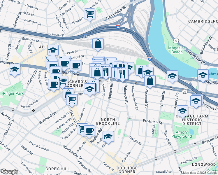 map of restaurants, bars, coffee shops, grocery stores, and more near 176 Naples Road in Brookline
