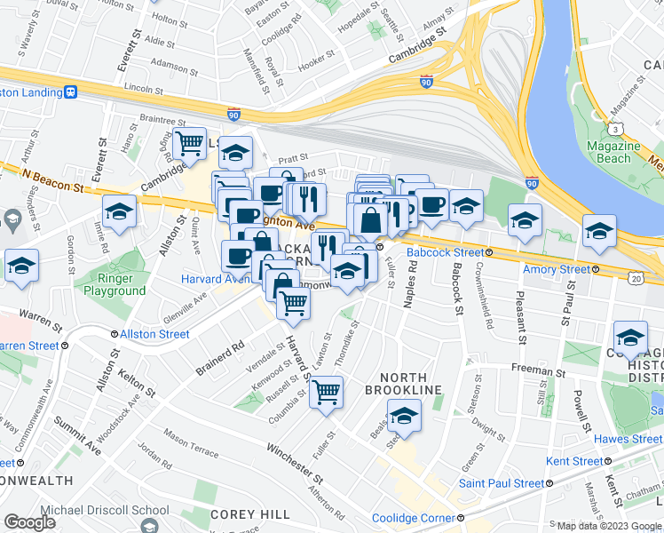 map of restaurants, bars, coffee shops, grocery stores, and more near 1131 Commonwealth Avenue in Boston