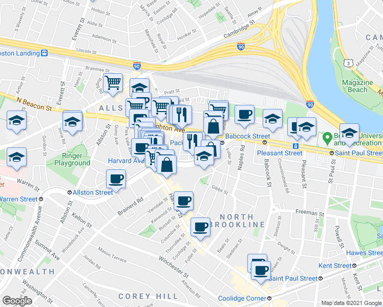 map of restaurants, bars, coffee shops, grocery stores, and more near 11 Chester Street in Boston
