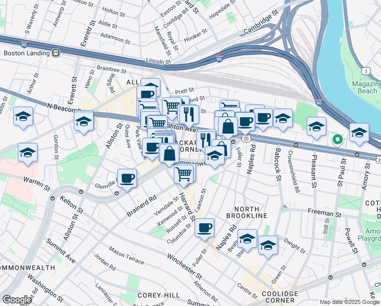 map of restaurants, bars, coffee shops, grocery stores, and more near 11 Chester Street in Boston