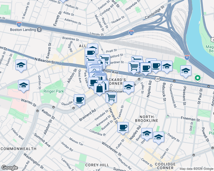 map of restaurants, bars, coffee shops, grocery stores, and more near 1197 Commonwealth Avenue in Boston