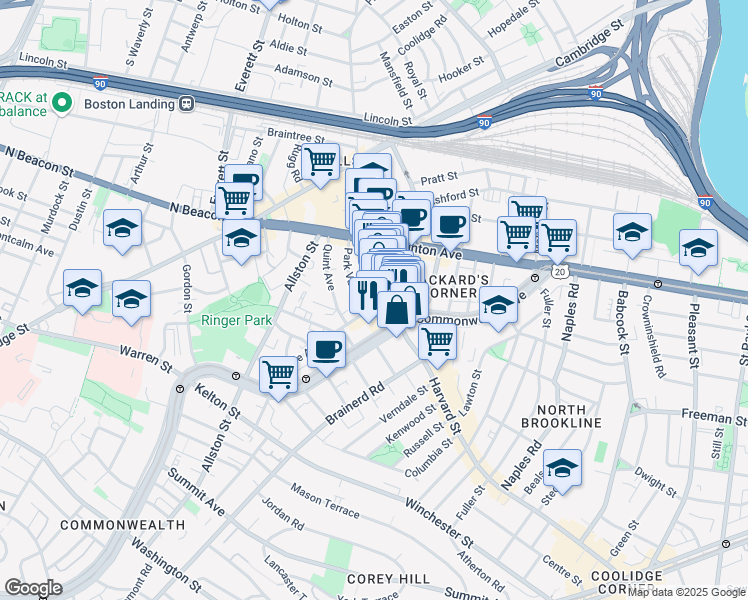 map of restaurants, bars, coffee shops, grocery stores, and more near 1245 Commonwealth Avenue in Boston