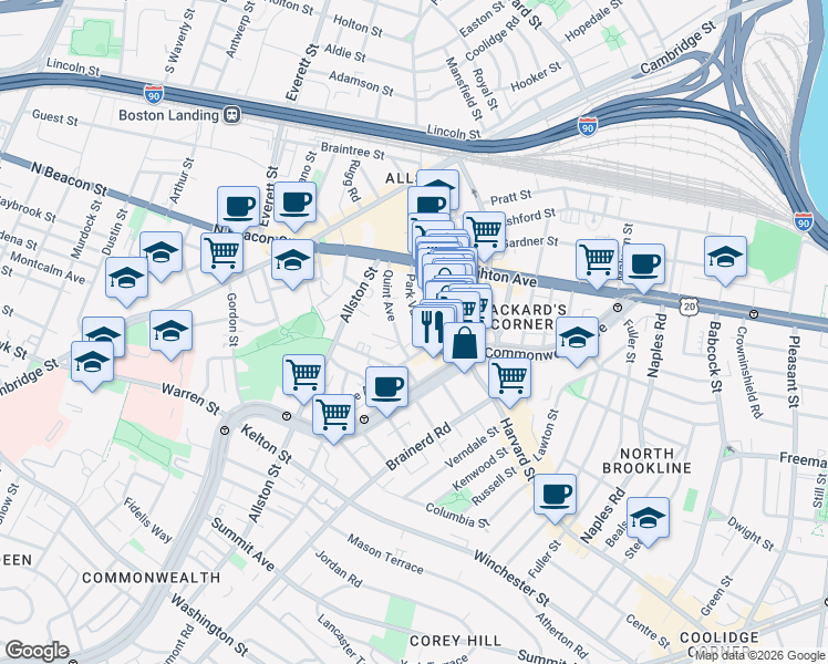 map of restaurants, bars, coffee shops, grocery stores, and more near 10-14 Park Vale Avenue in Boston