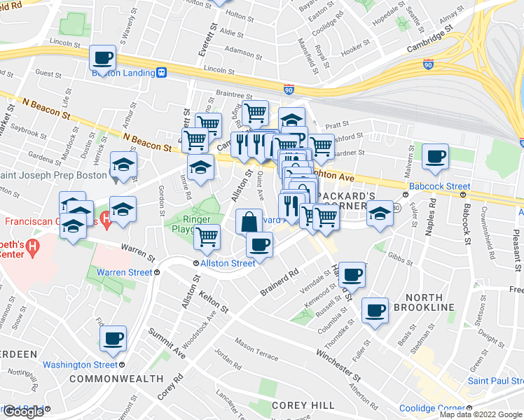 map of restaurants, bars, coffee shops, grocery stores, and more near 17 Radcliffe Road in Boston
