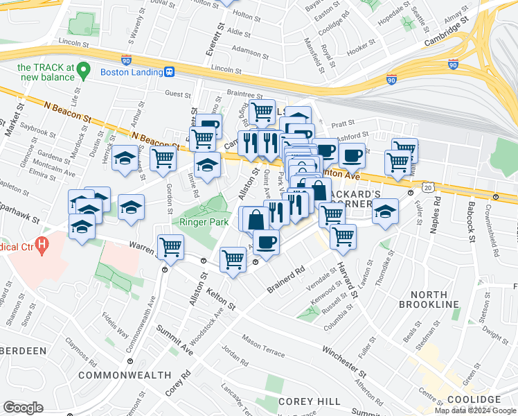 map of restaurants, bars, coffee shops, grocery stores, and more near 17 Radcliffe Road in Boston