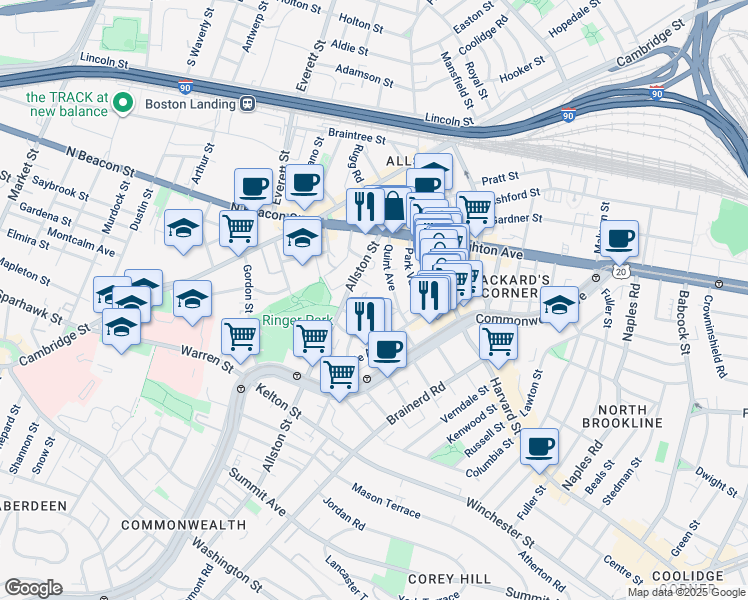 map of restaurants, bars, coffee shops, grocery stores, and more near 20 Radcliffe Road in Boston