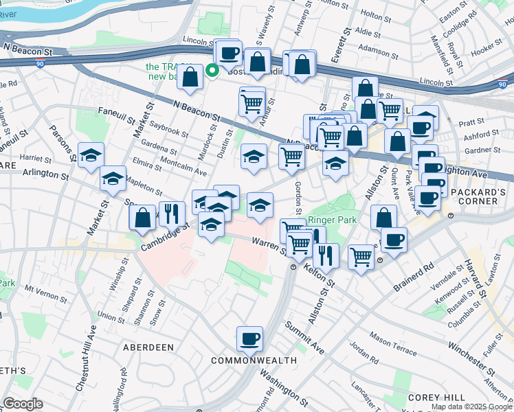 map of restaurants, bars, coffee shops, grocery stores, and more near 40B Ridgemont Street in Boston
