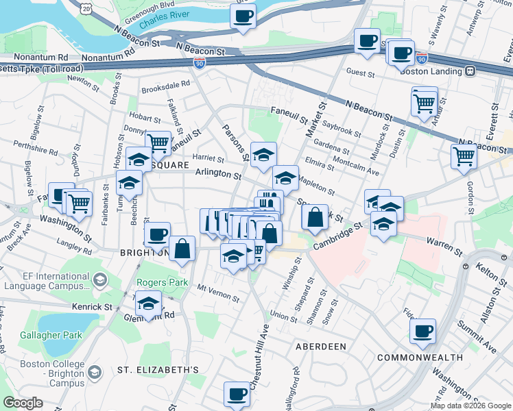map of restaurants, bars, coffee shops, grocery stores, and more near 55 Leicester Street in Boston