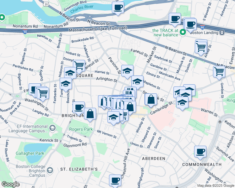 map of restaurants, bars, coffee shops, grocery stores, and more near 55 Leicester Street in Boston
