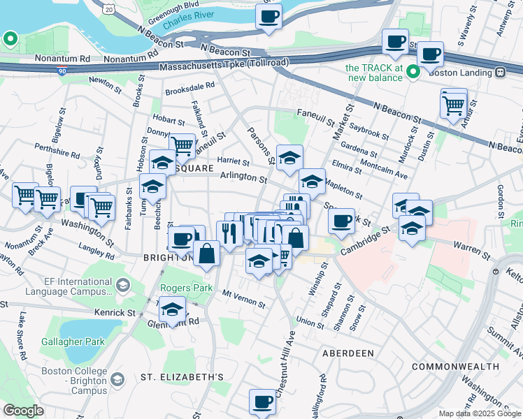 map of restaurants, bars, coffee shops, grocery stores, and more near 38-40 Parsons Street in Boston