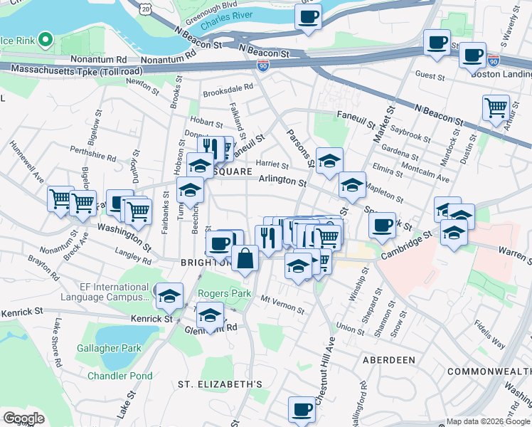 map of restaurants, bars, coffee shops, grocery stores, and more near 85 Surrey Street in Boston