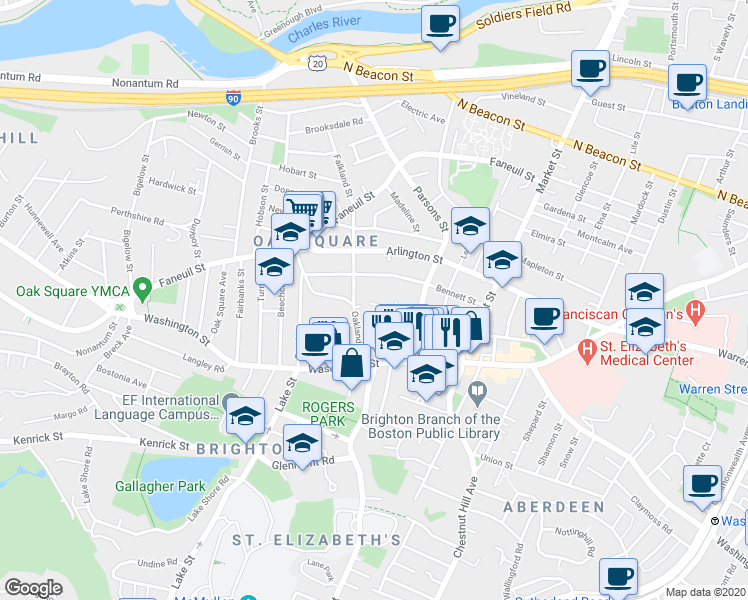 map of restaurants, bars, coffee shops, grocery stores, and more near 87 Surrey Street in Boston