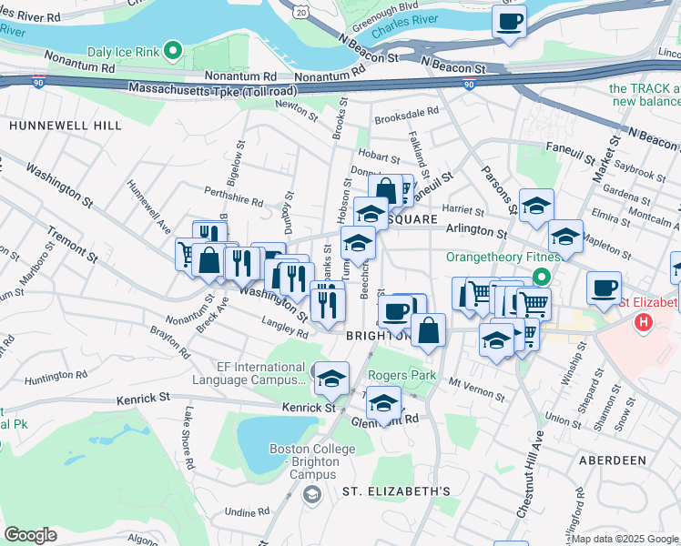 map of restaurants, bars, coffee shops, grocery stores, and more near 52 Fairbanks Street in Boston