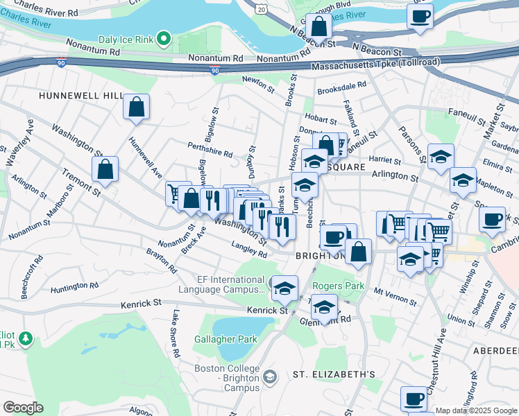 map of restaurants, bars, coffee shops, grocery stores, and more near 25-27 Montfern Avenue in Boston