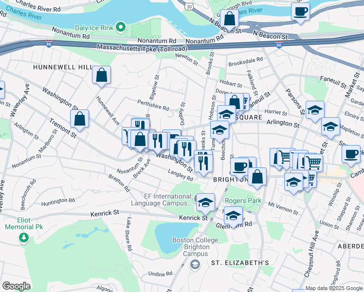map of restaurants, bars, coffee shops, grocery stores, and more near 25-27 Montfern Avenue in Boston