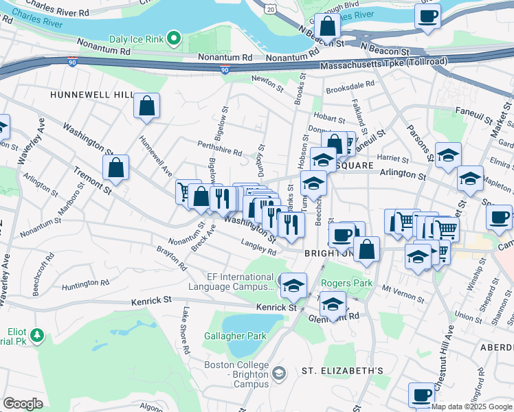map of restaurants, bars, coffee shops, grocery stores, and more near 25-27 Montfern Avenue in Boston