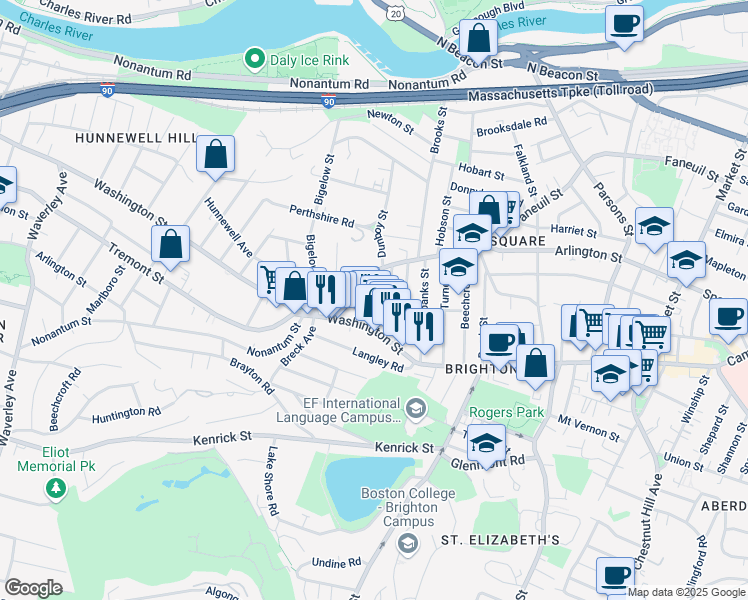 map of restaurants, bars, coffee shops, grocery stores, and more near 25-27 Montfern Avenue in Boston