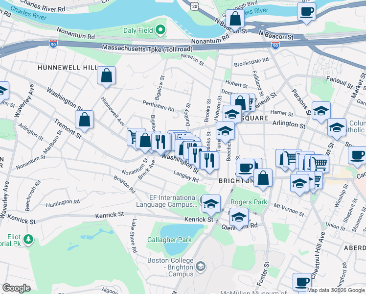 map of restaurants, bars, coffee shops, grocery stores, and more near 25-27 Montfern Avenue in Boston