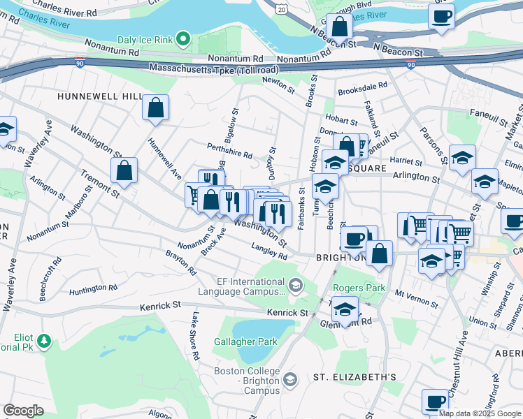 map of restaurants, bars, coffee shops, grocery stores, and more near 14 Brackett Street in Boston