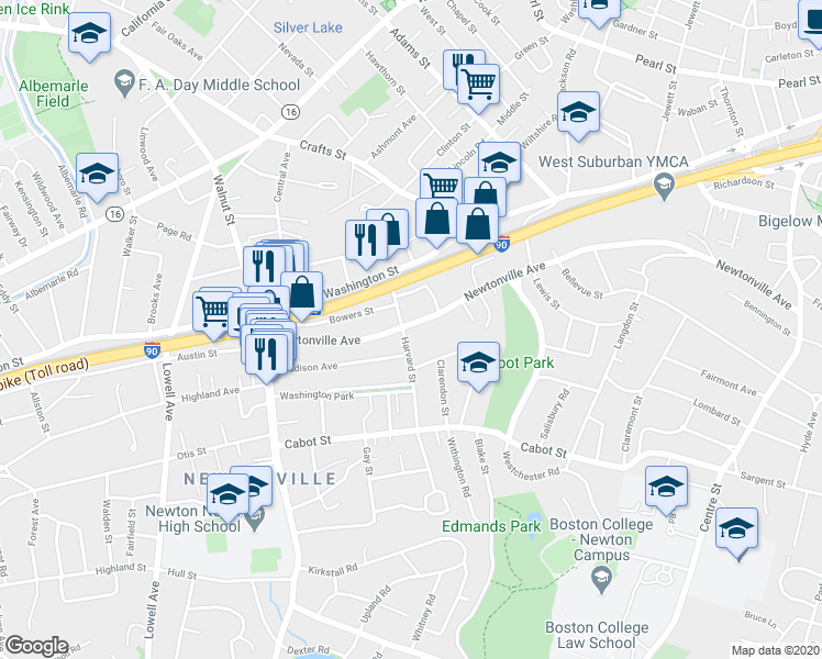 map of restaurants, bars, coffee shops, grocery stores, and more near 356 Newtonville Avenue in Newton