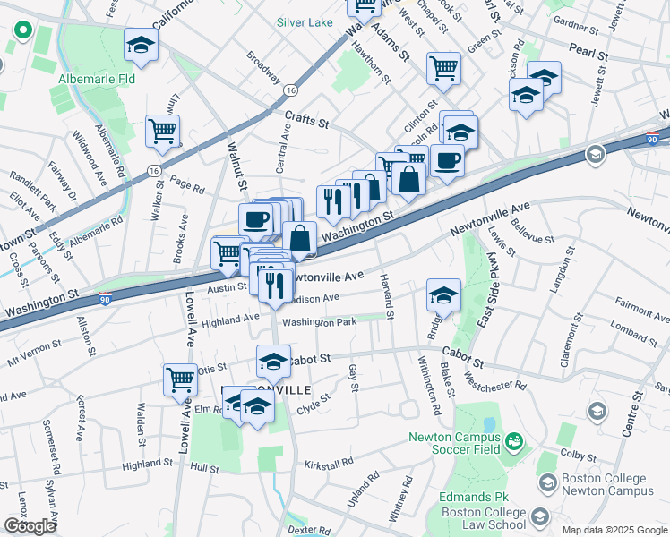 map of restaurants, bars, coffee shops, grocery stores, and more near 389 Newtonville Avenue in Newton