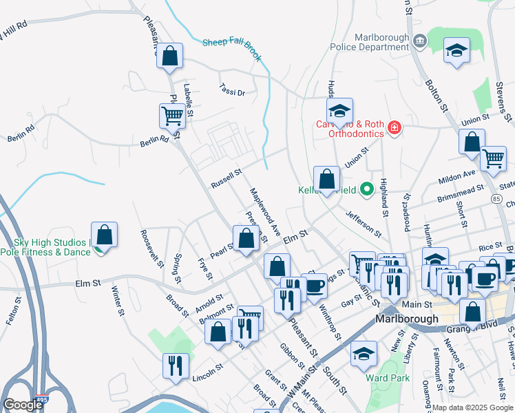 map of restaurants, bars, coffee shops, grocery stores, and more near 57 Preston Street in Marlborough