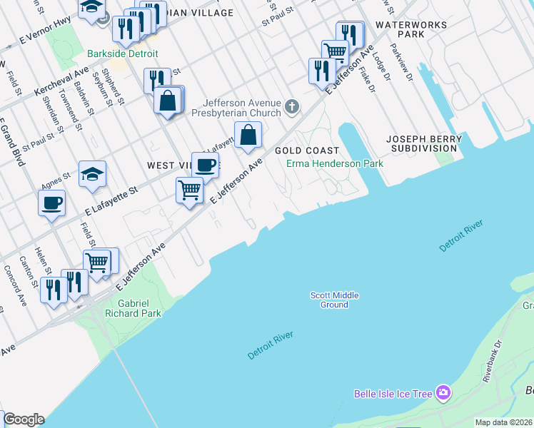 map of restaurants, bars, coffee shops, grocery stores, and more near 8330 East Jefferson Avenue in Detroit