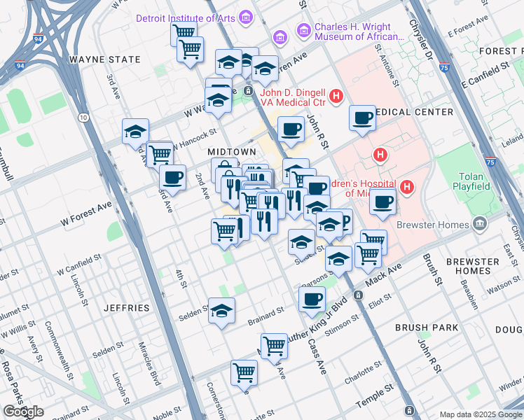 map of restaurants, bars, coffee shops, grocery stores, and more near 4229 Cass Avenue in Detroit