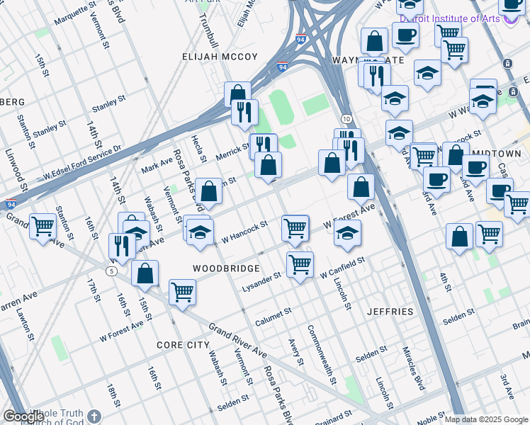 map of restaurants, bars, coffee shops, grocery stores, and more near 1534 West Hancock Street in Detroit