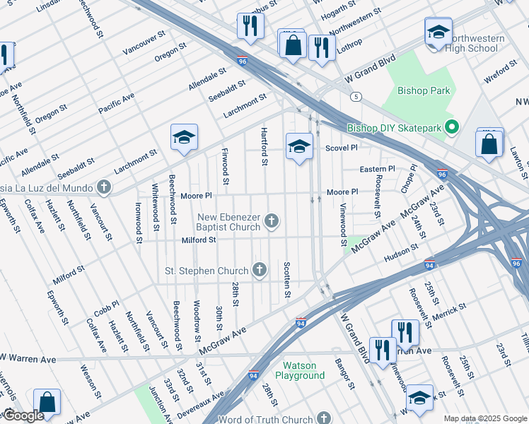 map of restaurants, bars, coffee shops, grocery stores, and more near 6373 Hartford Street in Detroit