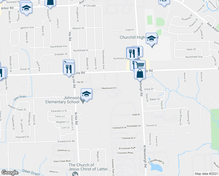 map of restaurants, bars, coffee shops, grocery stores, and more near 37830 Westwood Circle in Westland