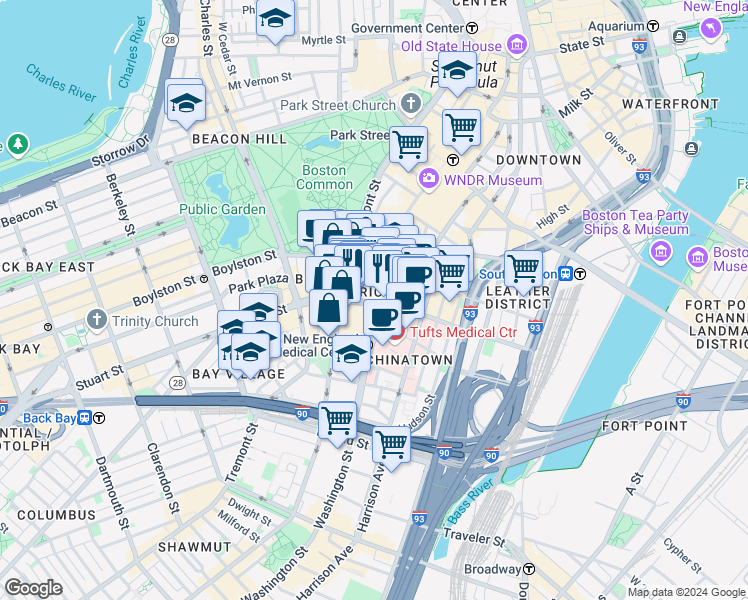 map of restaurants, bars, coffee shops, grocery stores, and more near 25 Stuart Street in Boston