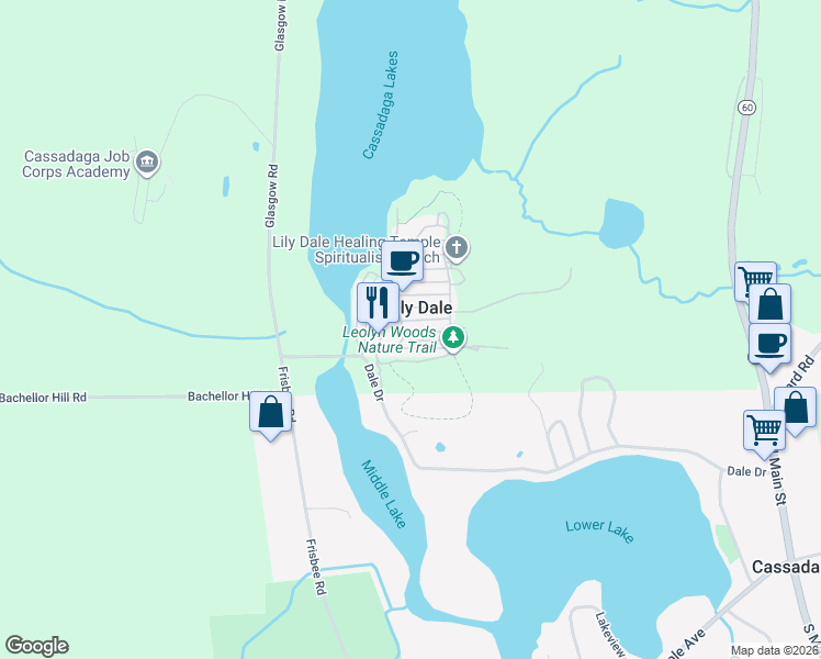map of restaurants, bars, coffee shops, grocery stores, and more near in Lily Dale