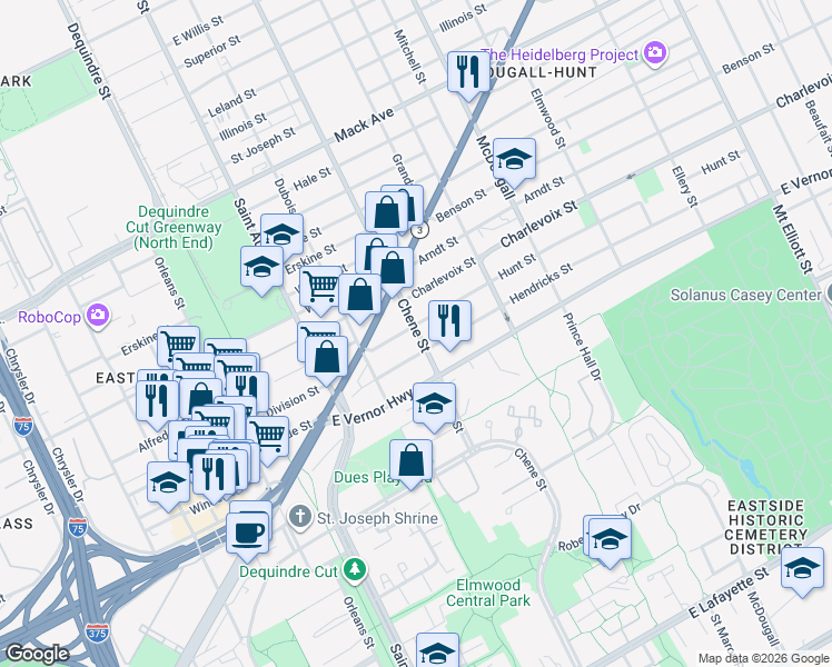 map of restaurants, bars, coffee shops, grocery stores, and more near 2619 Chene Street in Detroit