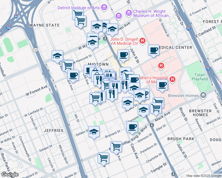 map of restaurants, bars, coffee shops, grocery stores, and more near 4229 Cass Avenue in Detroit