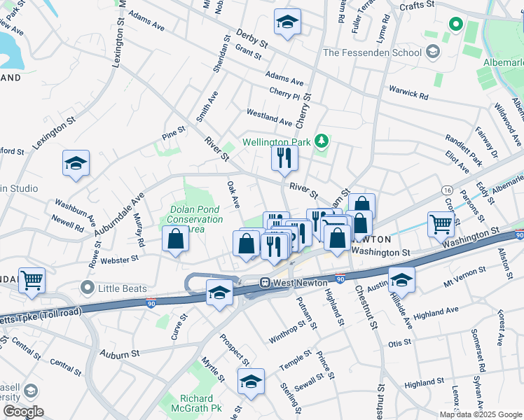 map of restaurants, bars, coffee shops, grocery stores, and more near 45 Elm Street in Newton