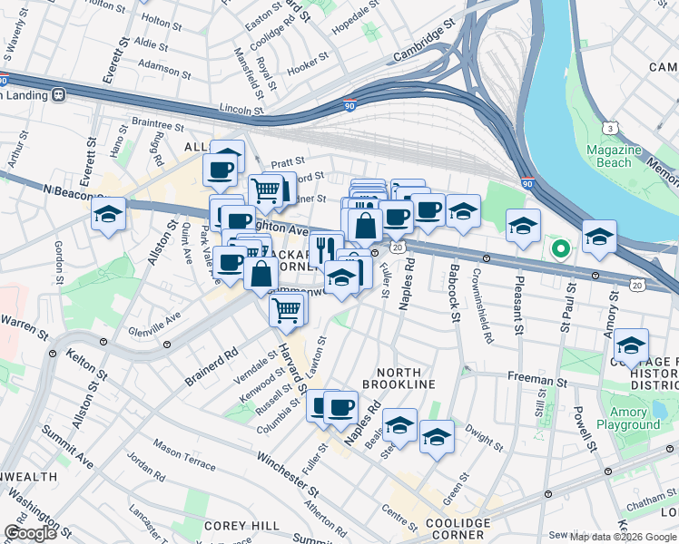 map of restaurants, bars, coffee shops, grocery stores, and more near 1137 Commonwealth Avenue in Boston