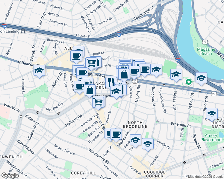 map of restaurants, bars, coffee shops, grocery stores, and more near 1131 Commonwealth Avenue in Boston
