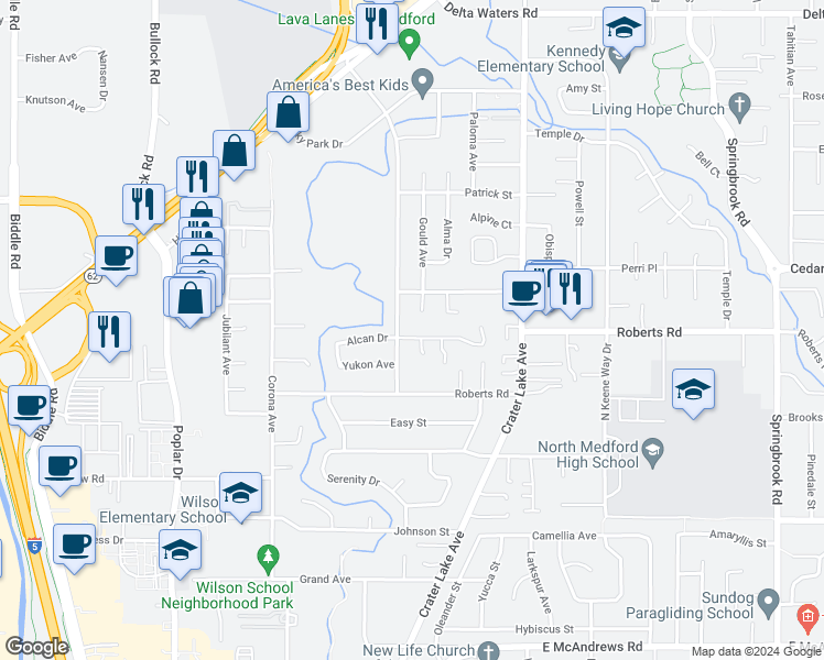 map of restaurants, bars, coffee shops, grocery stores, and more near 1809 Alcan Drive in Medford