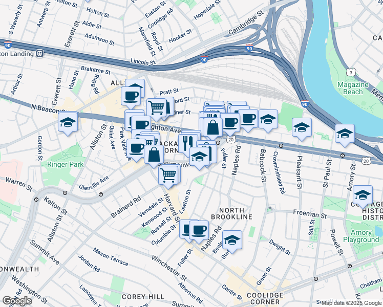 map of restaurants, bars, coffee shops, grocery stores, and more near 1131 Commonwealth Avenue in Boston