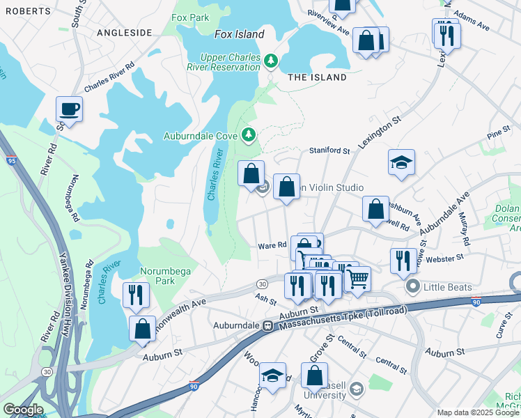 map of restaurants, bars, coffee shops, grocery stores, and more near 31 Chaske Avenue in Newton