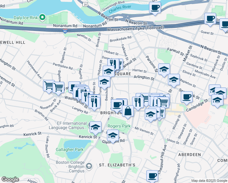 map of restaurants, bars, coffee shops, grocery stores, and more near 61 Brock Street in Boston
