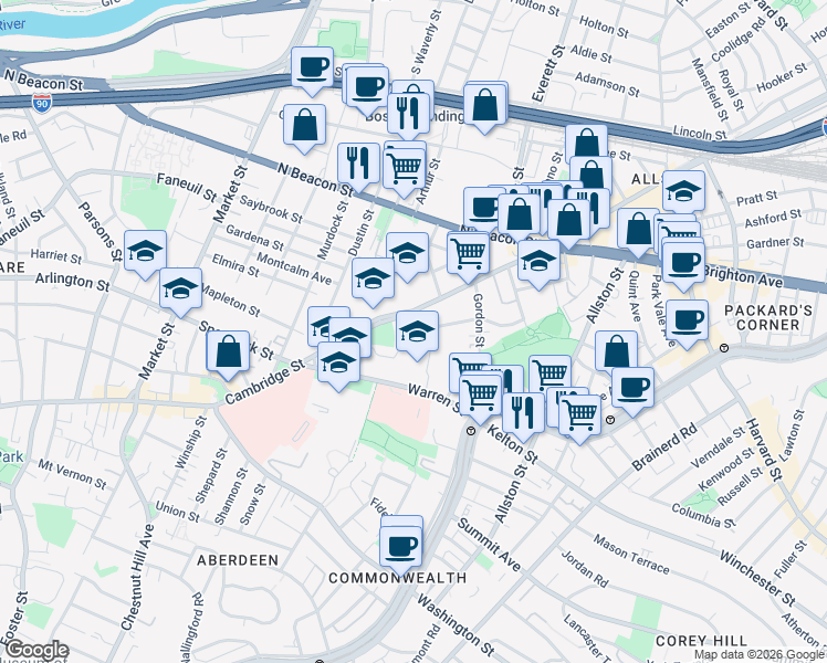 map of restaurants, bars, coffee shops, grocery stores, and more near 40B Ridgemont Street in Boston