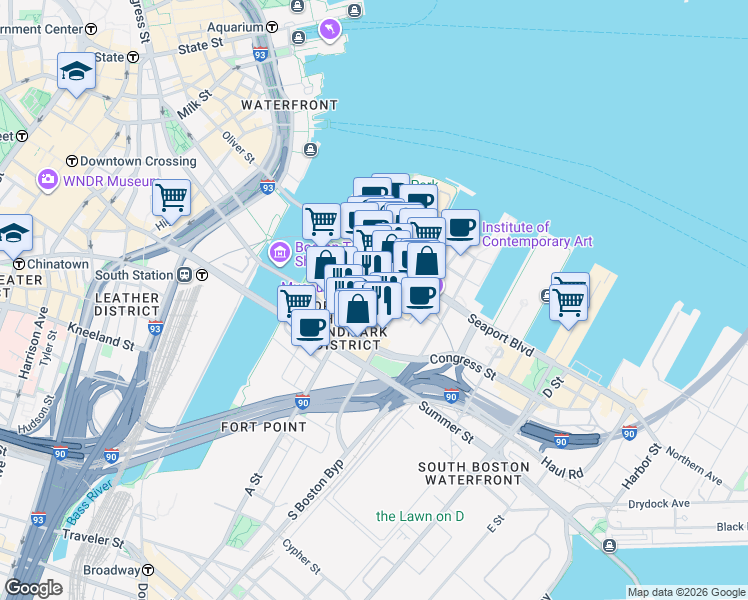map of restaurants, bars, coffee shops, grocery stores, and more near 25 Thomson Place in Boston