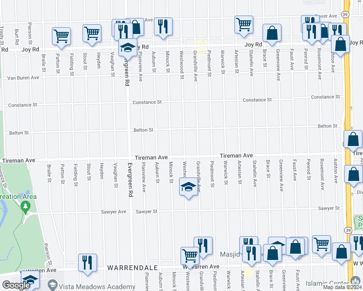 map of restaurants, bars, coffee shops, grocery stores, and more near 8043 Westwood Street in Detroit