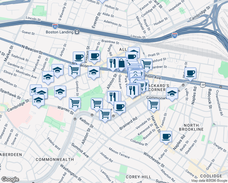 map of restaurants, bars, coffee shops, grocery stores, and more near 17 Radcliffe Road in Boston