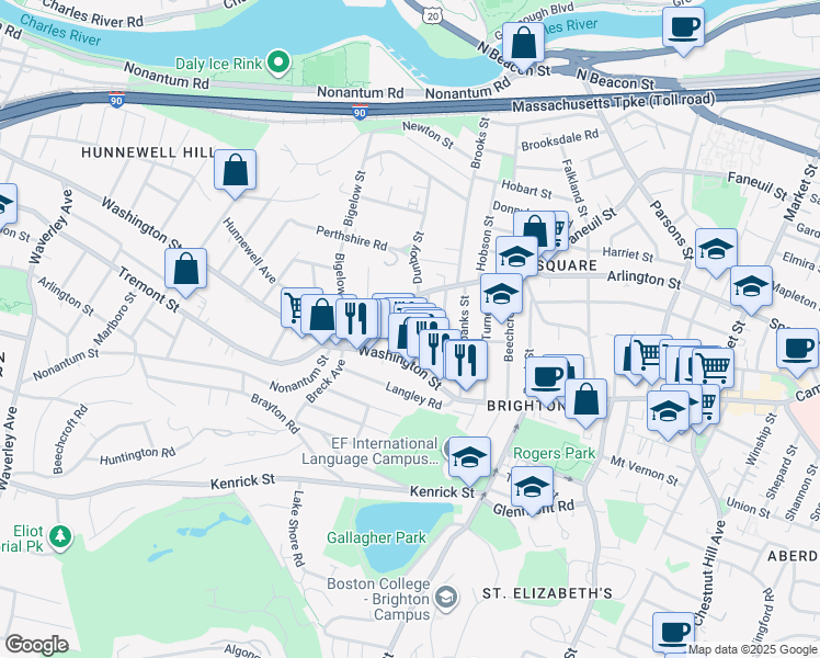 map of restaurants, bars, coffee shops, grocery stores, and more near 25-27 Montfern Avenue in Boston