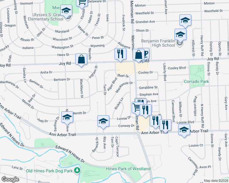 map of restaurants, bars, coffee shops, grocery stores, and more near 8530 Alper Street in Westland