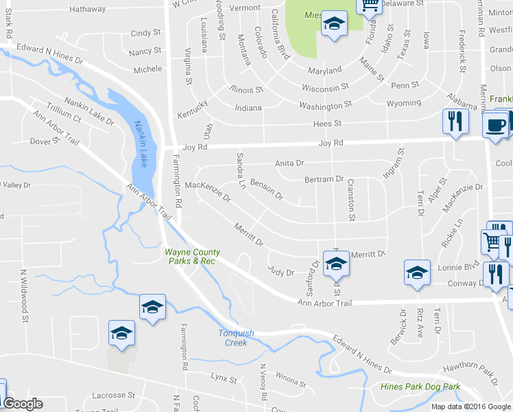 map of restaurants, bars, coffee shops, grocery stores, and more near 32735 Sandra Lane in Westland