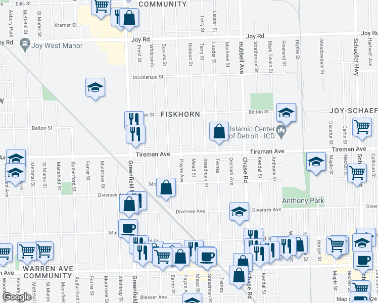 map of restaurants, bars, coffee shops, grocery stores, and more near 15010 Tireman Avenue in Detroit